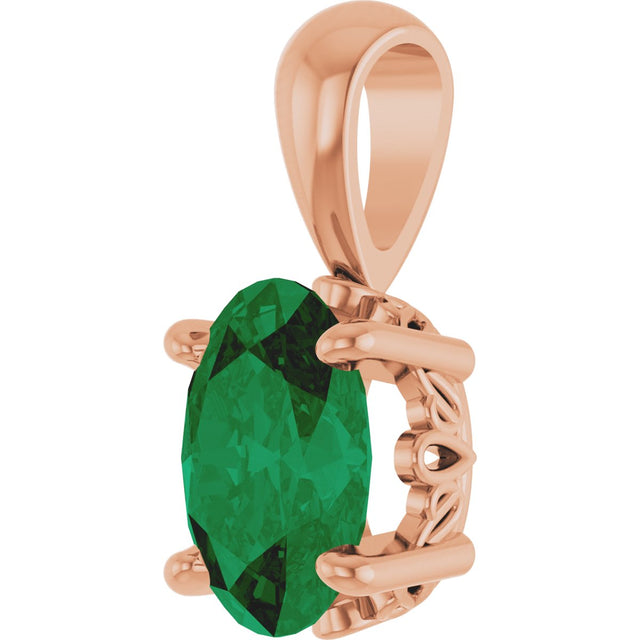 14K Gold Lab-Grown Emerald Oval 4-Prong Solitaire Necklace or Pendant - Rose Gold - view 2