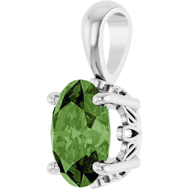 14K Gold Natural Green Tourmaline Oval 4-Prong Solitaire Necklace or Pendant - White Gold - view 2