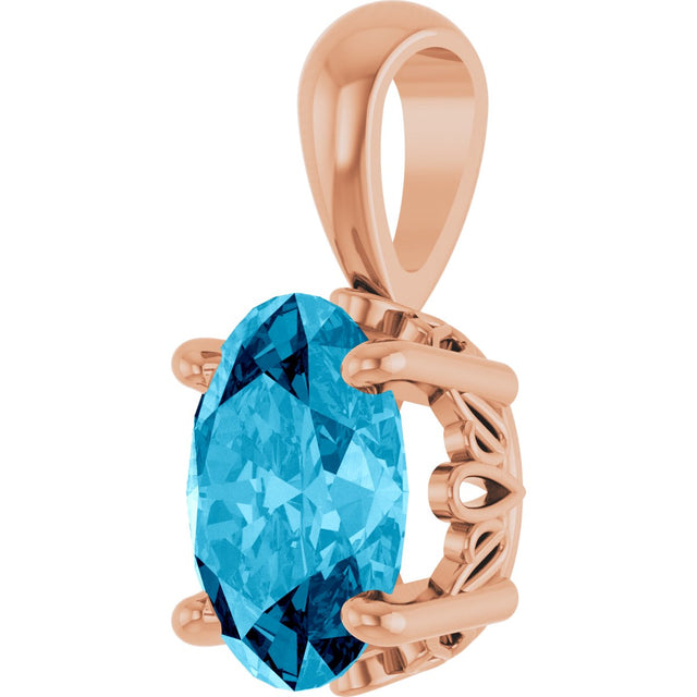 14K Gold Natural Aquamarine Oval 4-Prong Solitaire Necklace or Pendant - Rose Gold - view 2