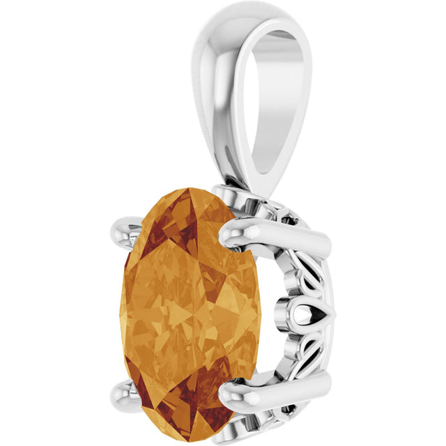 14K Gold Natural Citrine Oval 4-Prong Solitaire Necklace or Pendant - White Gold - view 2