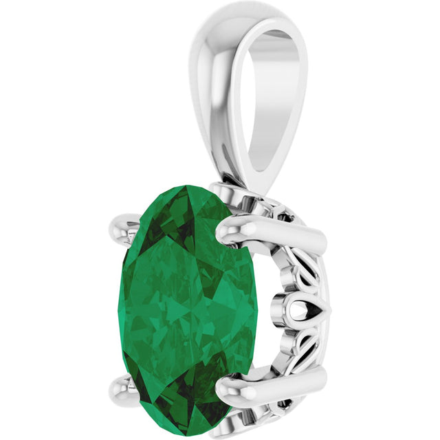 14K Gold Lab-Grown Emerald Oval 4-Prong Solitaire Necklace or Pendant - White Gold - view 2
