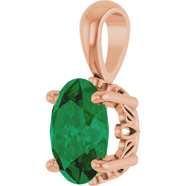 14K Gold Lab-Grown Emerald Oval 4-Prong Solitaire Necklace or Pendant - Rose Gold - view 2