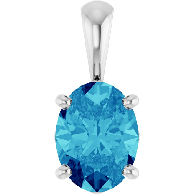 14K Gold Natural Blue Zircon Oval 4-Prong Solitaire Necklace or Pendant - White Gold