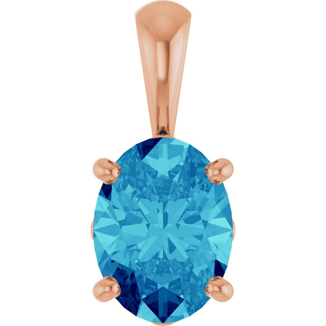 14K Gold Natural Blue Zircon Oval 4-Prong Solitaire Necklace or Pendant - Rose Gold