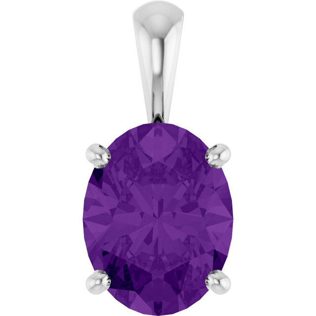 14K Gold Natural Amethyst Oval 4-Prong Solitaire Necklace or Pendant - White Gold