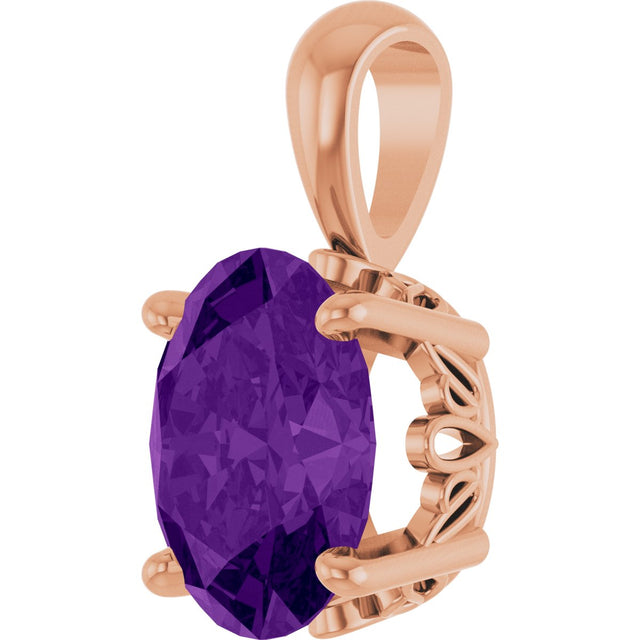 14K Gold Natural Amethyst Oval 4-Prong Solitaire Necklace or Pendant - Rose Gold - view 2