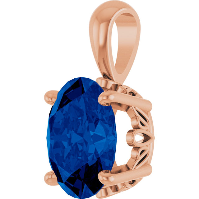 14K Gold Lab-Grown Blue Sapphire Oval 4-Prong Solitaire Necklace or Pendant - Rose Gold - view 2