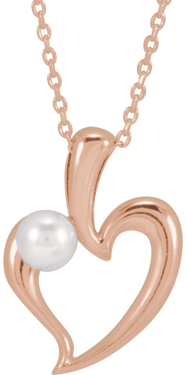14K Gold Cultured White Akoya Pearl Pearl Heart Necklace or Pendant - Rose Gold