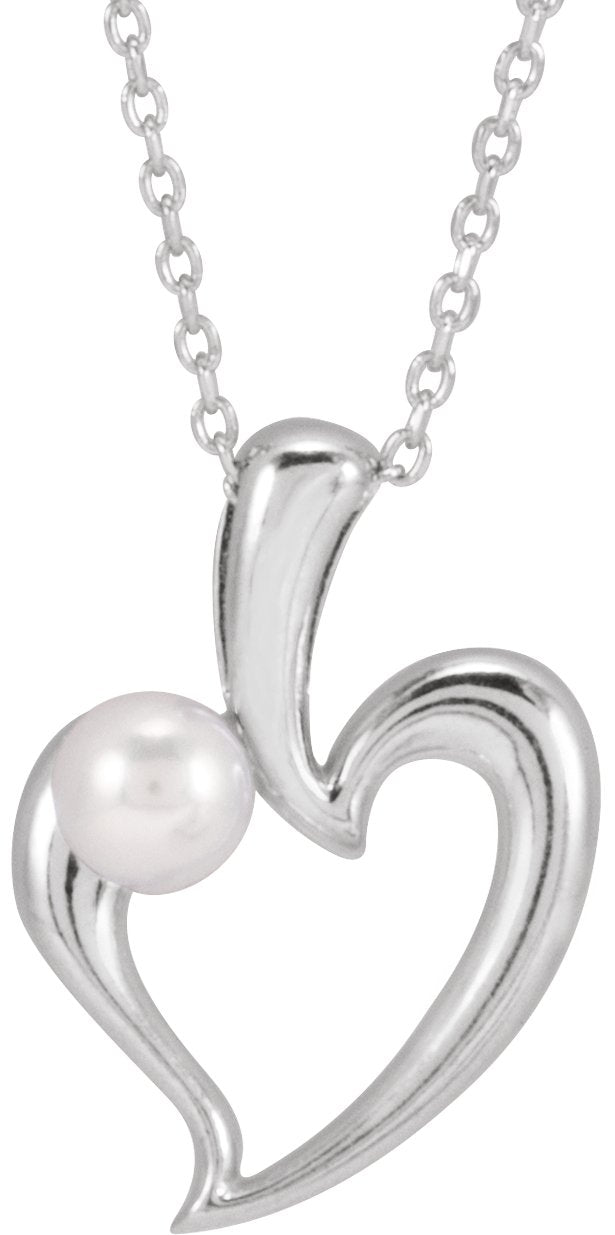 14K Gold Cultured White Akoya Pearl Pearl Heart Necklace or Pendant - White Gold