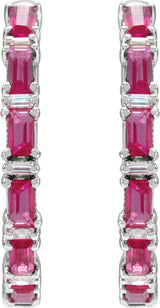 14K Gold Straight Baguette Natural Ruby & Natural Diamond Accented Hoop Earrings - White Gold - view 2
