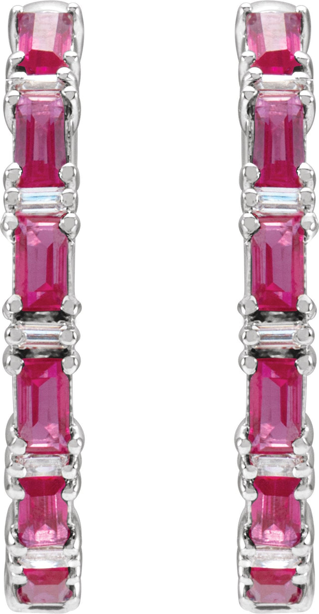 14K Gold Straight Baguette Natural Ruby & Natural Diamond Accented Hoop Earrings - White Gold - view 2