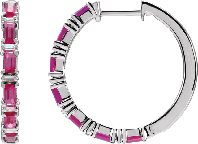 14K Gold Straight Baguette Natural Ruby & Natural Diamond Accented Hoop Earrings - White Gold