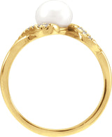 14K Gold Cultured White Freshwater Pearl & Natural Diamond Accented Pearl Ring – 6.5mm Stones - Yellow Gold - view 2