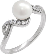 14K Gold Cultured White Freshwater Pearl & Natural Diamond Accented Pearl Ring – 6.5mm Stones - White Gold