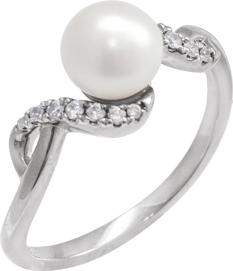 14K Gold Cultured White Freshwater Pearl & Natural Diamond Accented Pearl Ring – 6.5mm Stones - White Gold