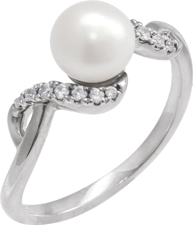14K Gold Cultured White Freshwater Pearl & Natural Diamond Accented Pearl Ring – 6.5mm Stones - White Gold