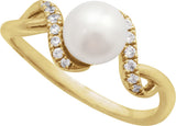 14K Gold Cultured White Freshwater Pearl & Natural Diamond Accented Pearl Ring – 6.5mm Stones - Yellow Gold - view 4