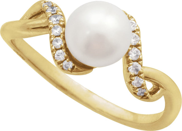14K Gold Cultured White Freshwater Pearl & Natural Diamond Accented Pearl Ring – 6.5mm Stones - Yellow Gold - view 4