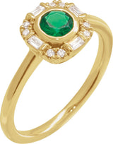 14K Gold Round Natural Emerald & Natural Diamond Halo-Style Ring - Yellow Gold