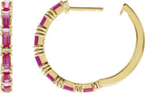 14K Gold Straight Baguette Natural Ruby & Natural Diamond Accented Hoop Earrings - Yellow Gold - view 3