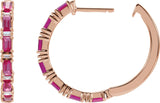 14K Gold Straight Baguette Natural Ruby & Natural Diamond Accented Hoop Earrings - Rose Gold - view 3