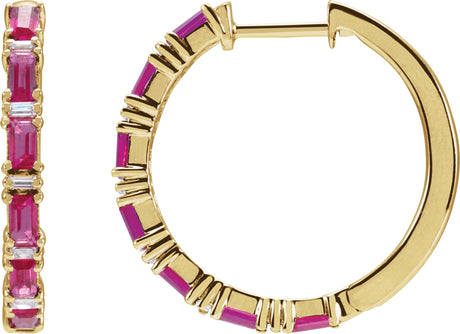 14K Gold Straight Baguette Natural Ruby & Natural Diamond Accented Hoop Earrings - Yellow Gold