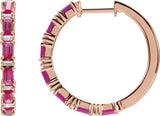 14K Gold Straight Baguette Natural Ruby & Natural Diamond Accented Hoop Earrings - Rose Gold
