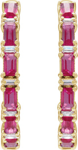 14K Gold Straight Baguette Natural Ruby & Natural Diamond Accented Hoop Earrings - Yellow Gold - view 2