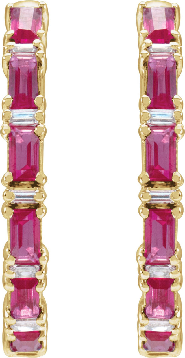 14K Gold Straight Baguette Natural Ruby & Natural Diamond Accented Hoop Earrings - Yellow Gold - view 2