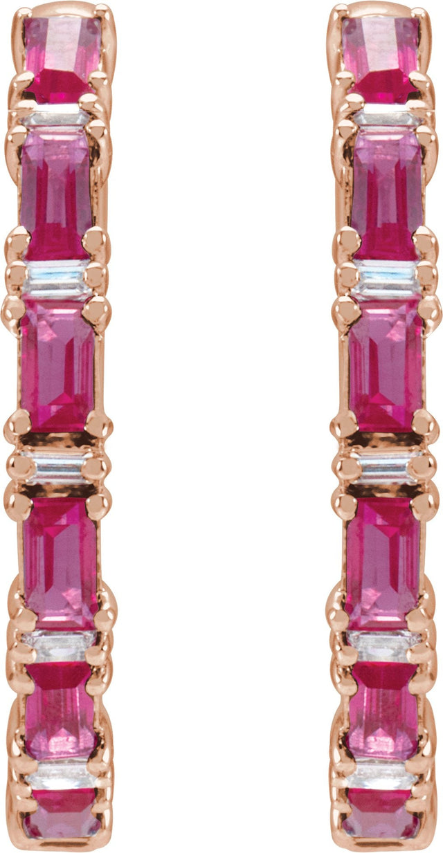 14K Gold Straight Baguette Natural Ruby & Natural Diamond Accented Hoop Earrings - Rose Gold - view 2