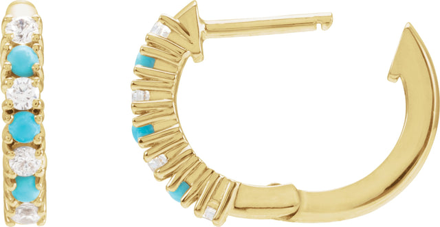 14K Gold Round Natural Turquoise & Natural Diamond Accented Hoop Earrings - Yellow Gold - view 2
