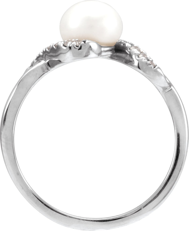 14K Gold Cultured White Freshwater Pearl & Natural Diamond Accented Pearl Ring – 6.5mm Stones - White Gold - view 2