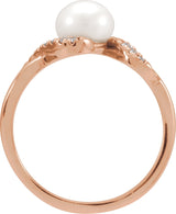 14K Gold Cultured White Freshwater Pearl & Natural Diamond Accented Pearl Ring – 6.5mm Stones - Rose Gold - view 3