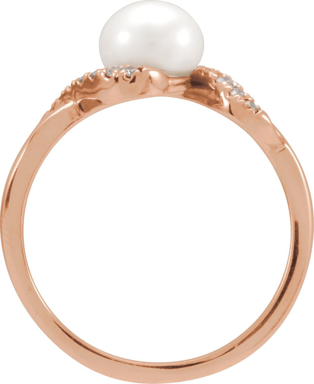 14K Gold Cultured White Freshwater Pearl & Natural Diamond Accented Pearl Ring – 6.5mm Stones - Rose Gold - view 3