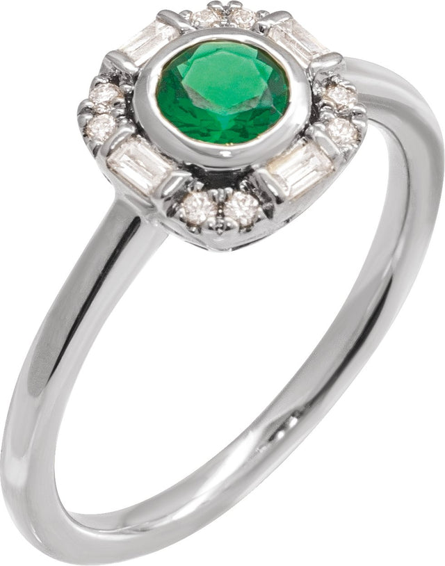 14K Gold Round Natural Emerald & Natural Diamond Halo-Style Ring - White Gold