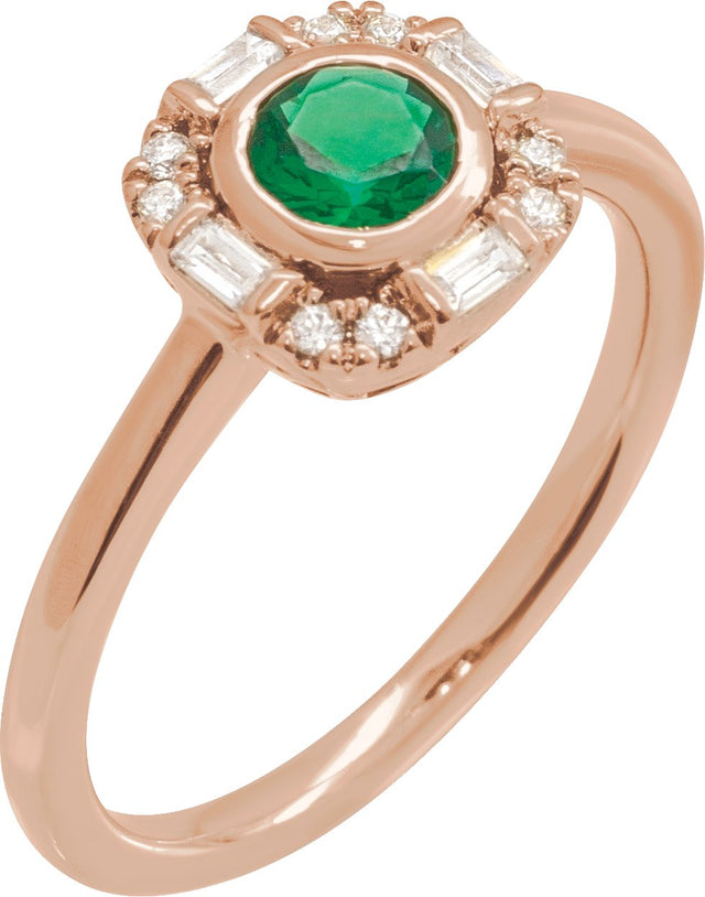 14K Gold Round Natural Emerald & Natural Diamond Halo-Style Ring - Rose Gold