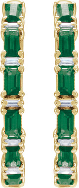 14K Gold Straight Baguette Natural Emerald & Natural Diamond Accented Hoop Earrings - Yellow Gold - view 2