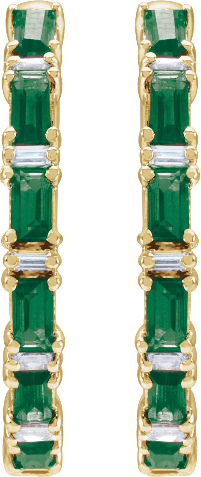 14K Gold Straight Baguette Natural Emerald & Natural Diamond Accented Hoop Earrings - Yellow Gold - view 2