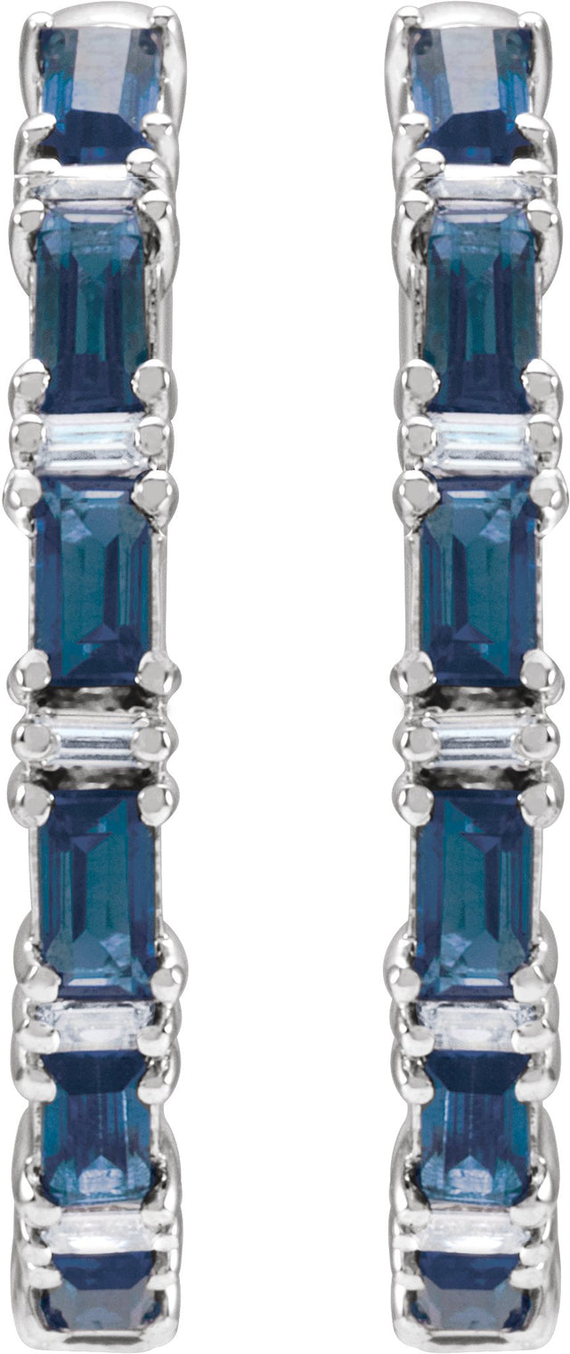 14K Gold Straight Baguette Natural Blue Sapphire & Natural Diamond Accented Hoop Earrings - White Gold - view 2