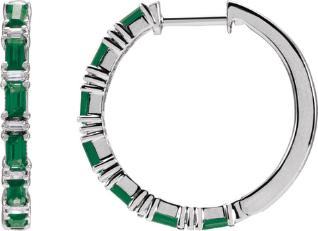 14K Gold Straight Baguette Natural Emerald & Natural Diamond Accented Hoop Earrings - White Gold