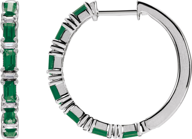 14K Gold Straight Baguette Natural Emerald & Natural Diamond Accented Hoop Earrings - White Gold