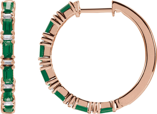 14K Gold Straight Baguette Natural Emerald & Natural Diamond Accented Hoop Earrings - Rose Gold