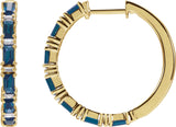 14K Gold Straight Baguette Natural Blue Sapphire & Natural Diamond Accented Hoop Earrings - Yellow Gold
