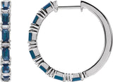 14K Gold Straight Baguette Natural Blue Sapphire & Natural Diamond Accented Hoop Earrings - White Gold