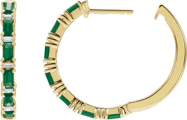 14K Gold Straight Baguette Natural Emerald & Natural Diamond Accented Hoop Earrings - Yellow Gold - view 3
