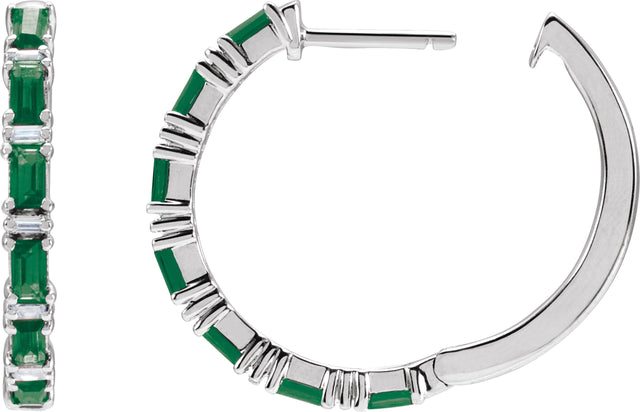 14K Gold Straight Baguette Natural Emerald & Natural Diamond Accented Hoop Earrings - White Gold - view 3