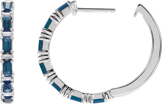 14K Gold Straight Baguette Natural Blue Sapphire & Natural Diamond Accented Hoop Earrings - White Gold - view 3