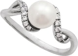 14K Gold Cultured White Freshwater Pearl & Natural Diamond Accented Pearl Ring – 6.5mm Stones - White Gold - view 4