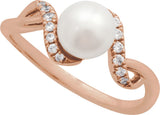 14K Gold Cultured White Freshwater Pearl & Natural Diamond Accented Pearl Ring – 6.5mm Stones - Rose Gold - view 4