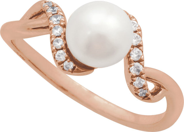 14K Gold Cultured White Freshwater Pearl & Natural Diamond Accented Pearl Ring – 6.5mm Stones - Rose Gold - view 4